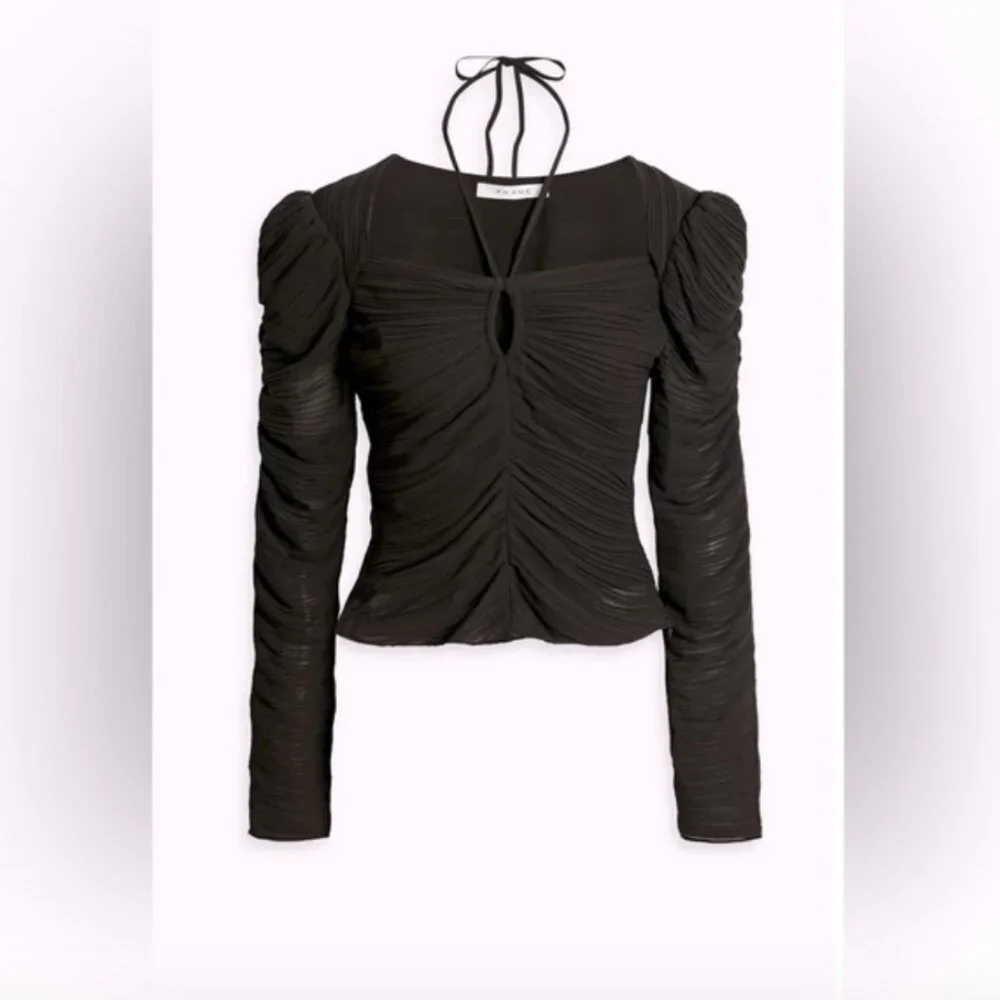 FRAME (NWT) Gathered Keyhole Tie Neck Top, Plissé-Crepe, Size L